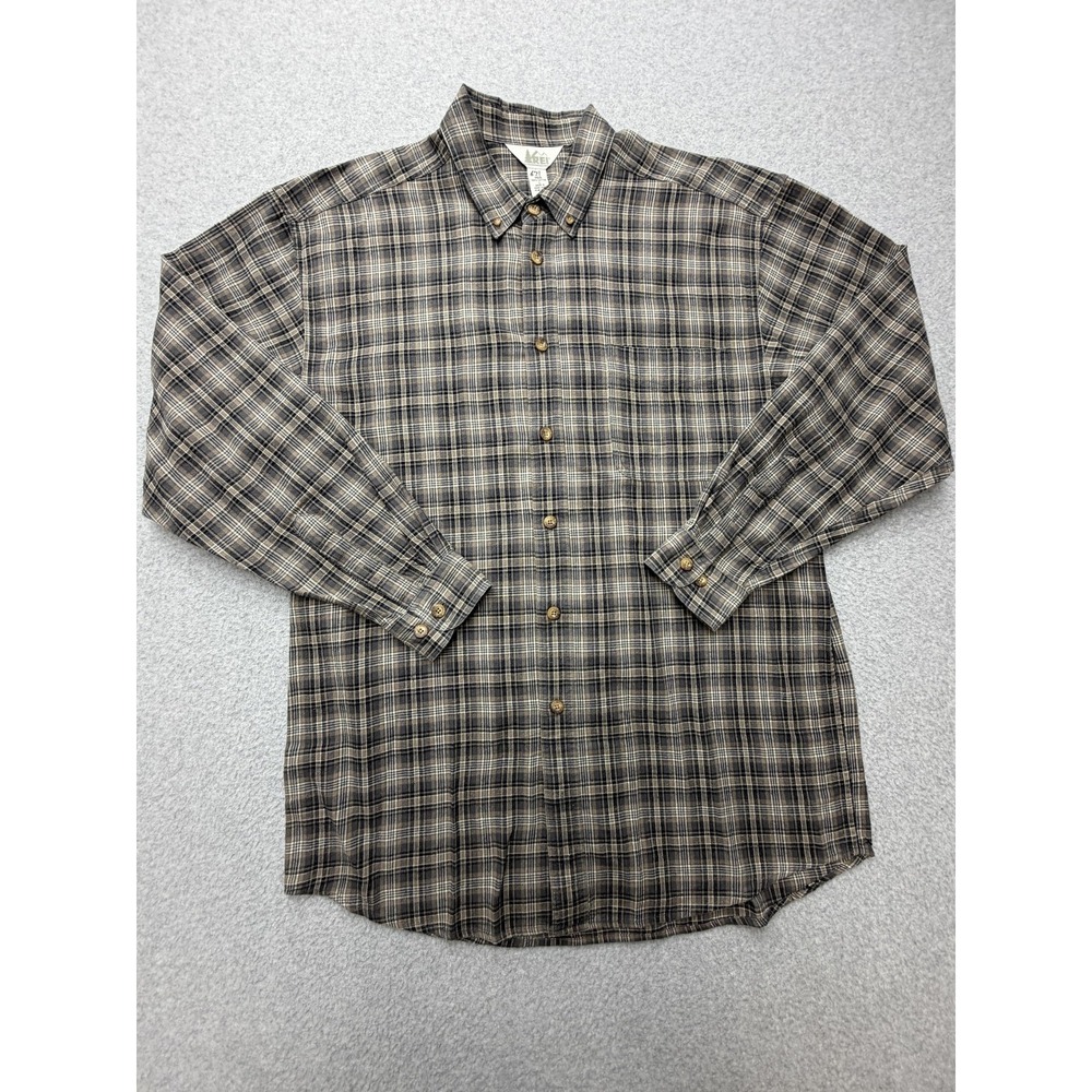 REI Shirt Mens Large Brown Plaid Flannel‎ Long Sleeve Button Front Casual